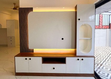 Modern TV unit design with storage cabinets