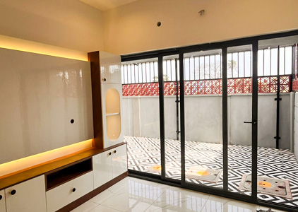 Modern TV unit with balcony view